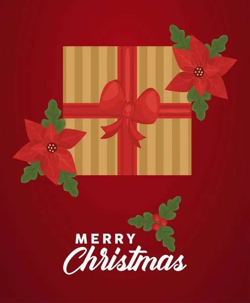 Feliz Navidad letras con regalo de oro y flores en fondo rojo — Vector de stock