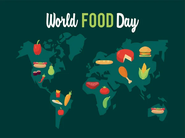 Afiche de letras del día mundial de la comida con mapas del planeta tierra — Vector de stock