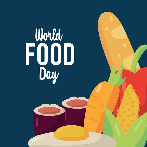 Cartel de letras del día mundial de la comida con alimentos nutritivos — Vector de stock