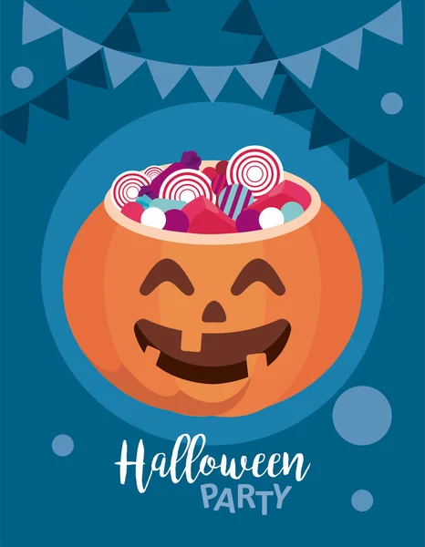 Festa de Halloween feliz com doces doces em abóbora —  Vetores de Stock