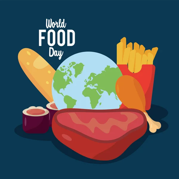 Afiche de letras del día mundial de la comida con planeta tierra y comida deliciosa — Vector de stock