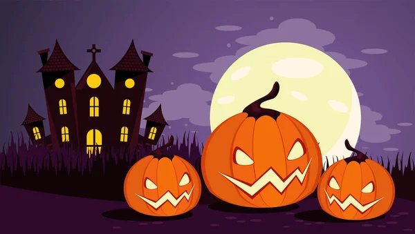 Joyeuse carte de célébration d'Halloween avec château hanté et citrouilles — Image vectorielle