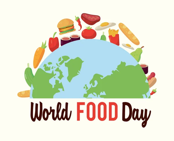 Afiche de letras del día mundial de la comida con planeta tierra mitad y comida — Vector de stock