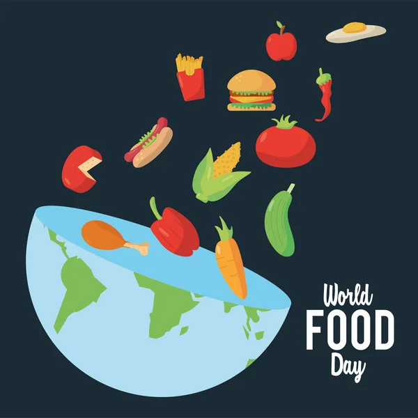 Afiche de letras del día mundial de la comida con planeta tierra mitad y alimentos nutritivos — Vector de stock