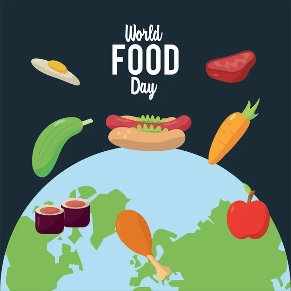 Afiche de letras del día mundial de la comida con planeta tierra y alimentos nutritivos — Vector de stock