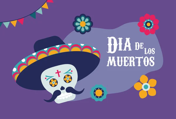 Dia de los muertos poster with mariachi skull and flowers — Stock Vector