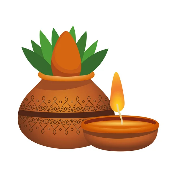 Hindoe keramische pot met huisplant en kaars — Stockvector