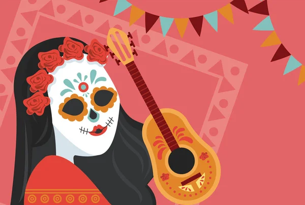 Dia de los muertos affisch med katrina skalle och gitarr — Stock vektor