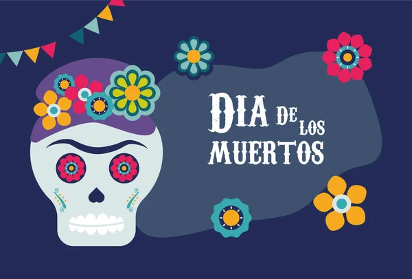 Dia de los muertos posterともにカトリーナ頭蓋骨と花の装飾 — ストックベクタ