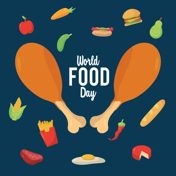 Afiche de letras del día mundial de la comida con muslos de pollo y comida — Vector de stock