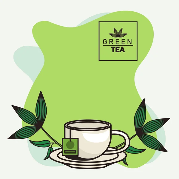 Green tea lettering poster with teacup and leaves — Stock Vector