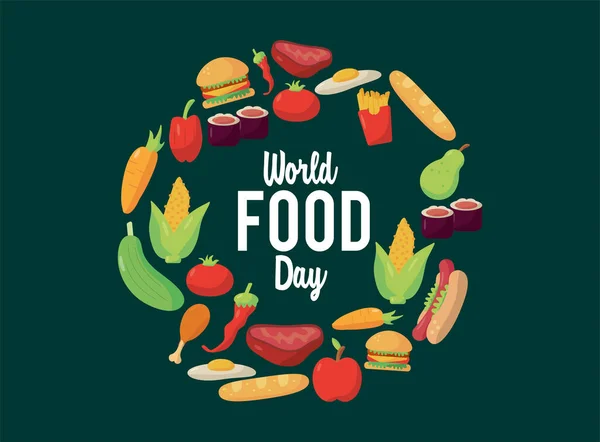 Cartel con letras del día mundial de la comida con la comida en marco circular — Vector de stock