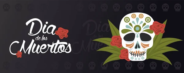 Dia de los muertos poster with head skull and flowers — Stock Vector