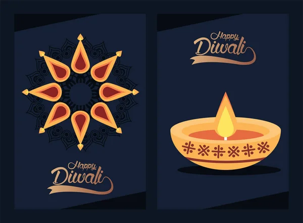 Fröhliche Diwali-Feier mit Kerze und Schriftzügen — Stockvektor