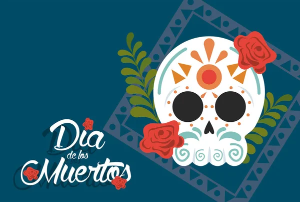 Póster día de los muertos con cabeza calavera y decoración floral — Vector de stock