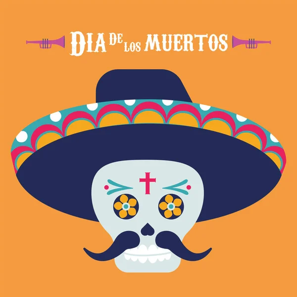 Dia de los muertos poster with mariachi skull and lettering — Stock Vector