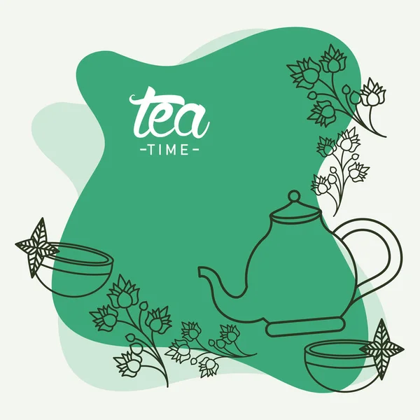 Çay saati, çaydanlık ve fincanlı poster. — Stok Vektör