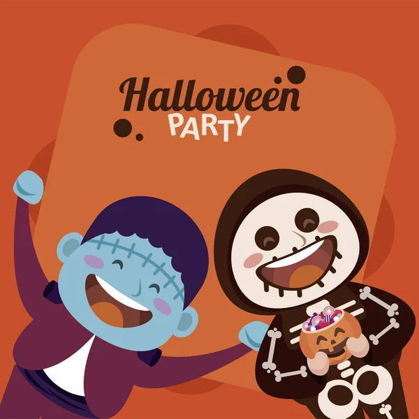 Szczęśliwy halloween party ze szkieletem i frankenstein — Wektor stockowy