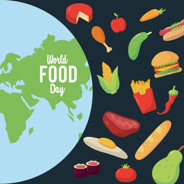 Afiche de letras del día mundial de la comida con planeta tierra y patrón de alimentos — Vector de stock