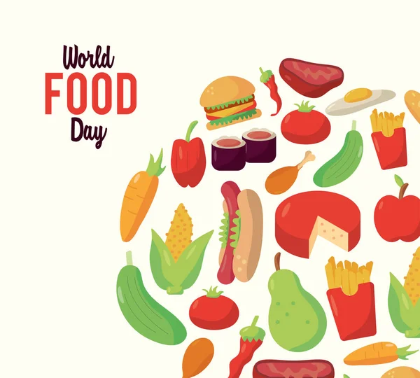 Cartel de letras del día mundial de la comida con marco circular de alimentos — Vector de stock