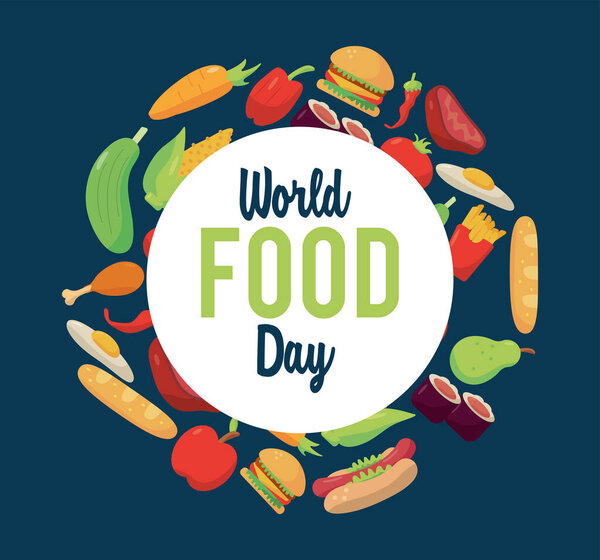 Плакат с надписью "Всемирный день еды" с едой в круглой рамке