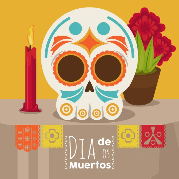 Dia de los muertos poster with skull head and candle and flowers — Stock Vector