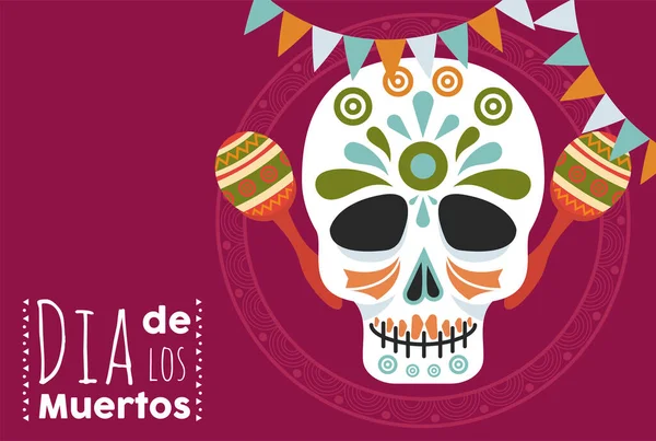 Dia de los muertos poster with head skull and maracas — Stock Vector