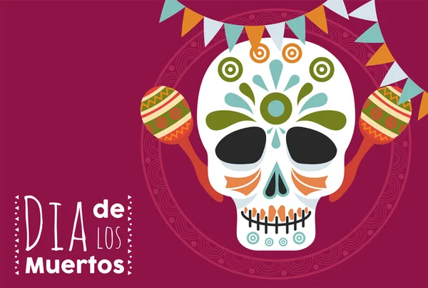 Cartel de día de los muertos con cráneo de cabeza y maracas — Vector de stock