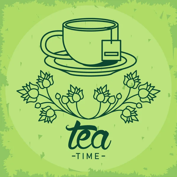 Cartel de letras de hora del té con taza de té y planta — Vector de stock