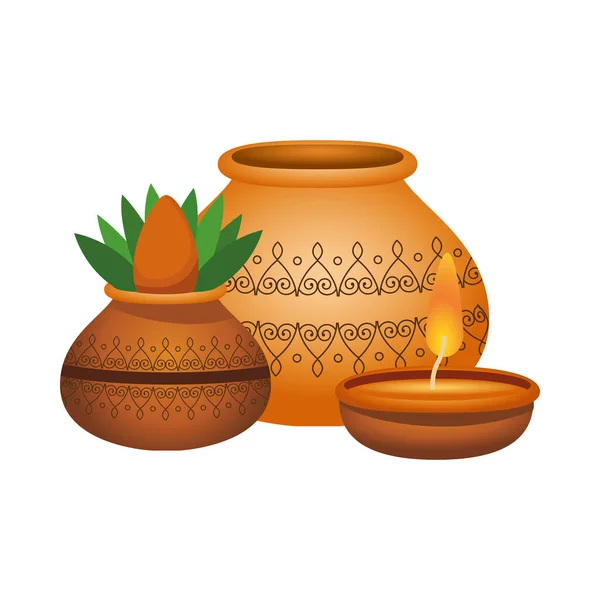 Olla de cerámica hindú con planta de interior y velas iconos decorativos — Archivo Imágenes Vectoriales