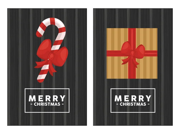 Buon Natale lettering in cornice quadrata con regalo e bastone su sfondo di legno — Vettoriale Stock
