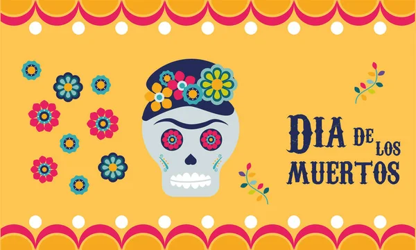 Dia de los muertos poster with katrina skull and flowers — Stock Vector