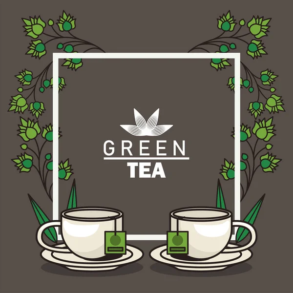 Cartel de letras de té verde con tazas de té y hojas en marco cuadrado — Vector de stock