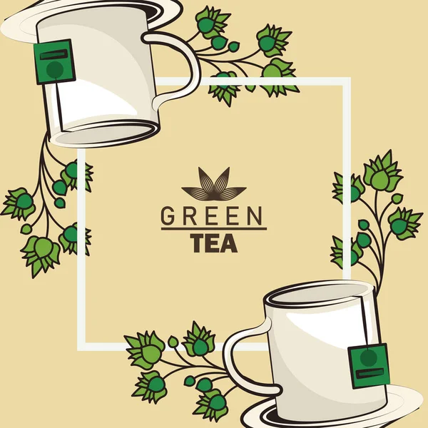 Green tea lettering poster with mugs and leafs in square frame — Stock Vector