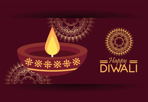 Fröhliche Diwali-Feier mit Kerze aus Holz und Mandalas — Stockvektor