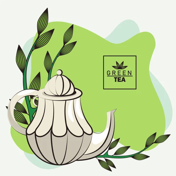 Плакат із зеленого чаю з чайником та листям — стоковий вектор