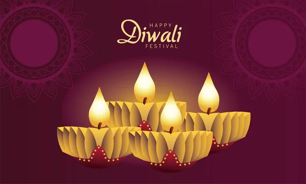 Feliz celebración diwali con cuatro velas de madera en fondo púrpura — Vector de stock