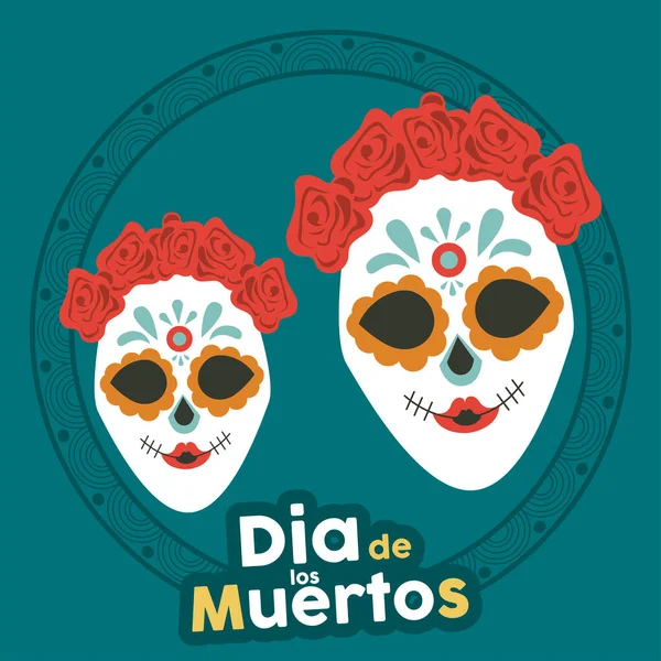 Cartel del día de los muertos con calaveras katrina y coronas florales — Vector de stock