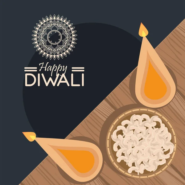 Fröhliche Diwali-Feier mit zwei Kerzen und Essen im Holztisch — Stockvektor