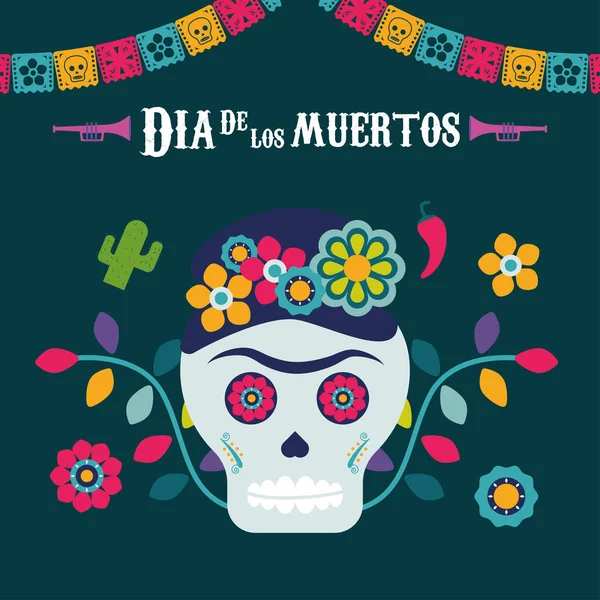 Dia de los muertos poster with katrina skull and garlands hanging — Stock Vector