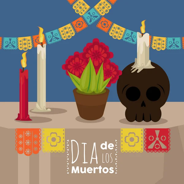 Dia de los muertos cartaz com lustre de crânio e flores — Vetor de Stock