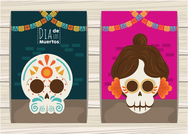 Cartel de día de los muertos con katrina y cabeza calaveras y guirnaldas — Archivo Imágenes Vectoriales