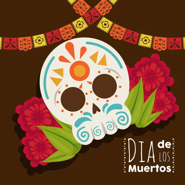 Cartel del día de los muertos con cabeza de cráneo y flores — Vector de stock