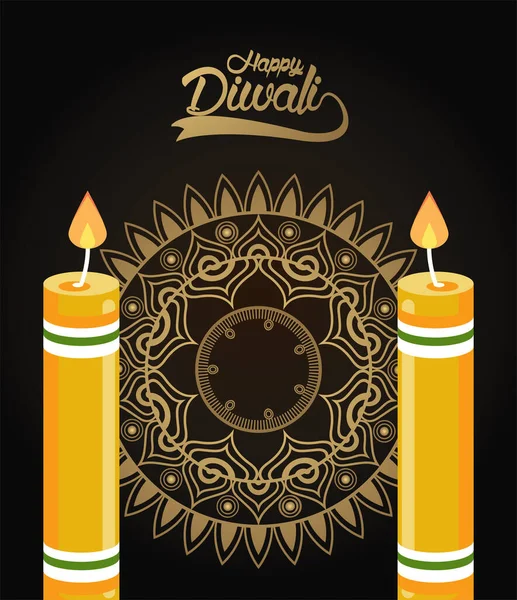 Fröhliche Diwali-Feier mit zwei Kerzen und goldenem Mandala — Stockvektor