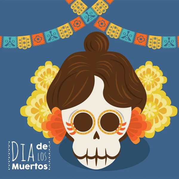 Dia de los muertos poster with katrina skull and flowers — Stock Vector