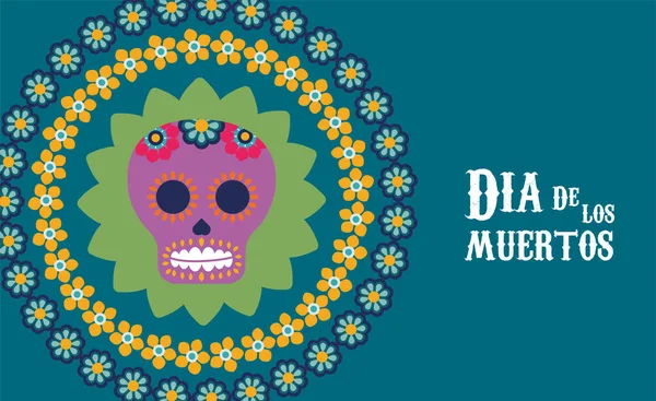 Dia de los muertos poster with purple skull in floral circular frame — Stock Vector