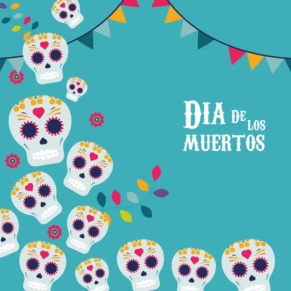 Cartel de día de los muertos con calaveras y guirnaldas — Archivo Imágenes Vectoriales