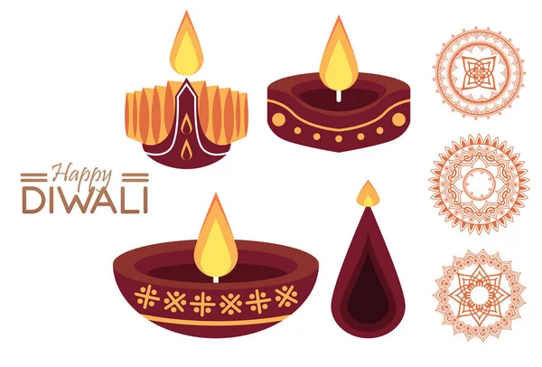 Fröhliche Diwali-Feier mit drei Kerzen aus Holz — Stockvektor
