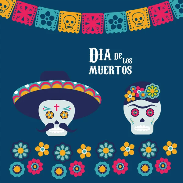 Dia de los muertos poster with skulls couple and garlands — Stock Vector