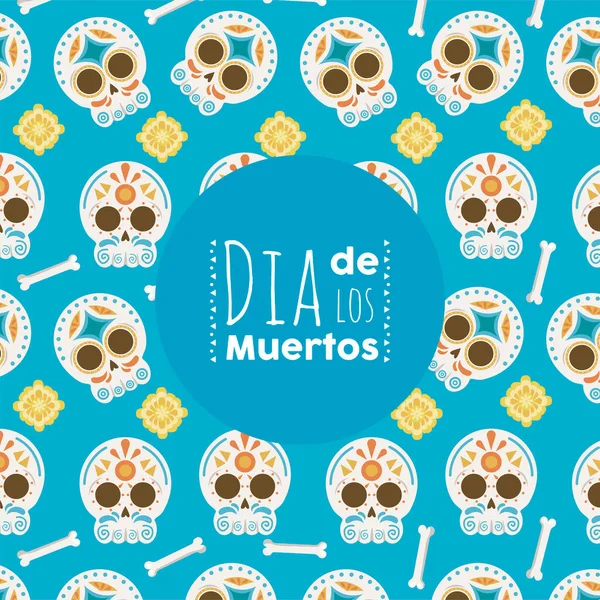 Dia de los muertos poster with head skulls pattern — Stock Vector